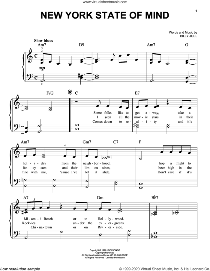 New York State Of Mind, (beginner) sheet music for piano solo by Billy Joel, beginner skill level