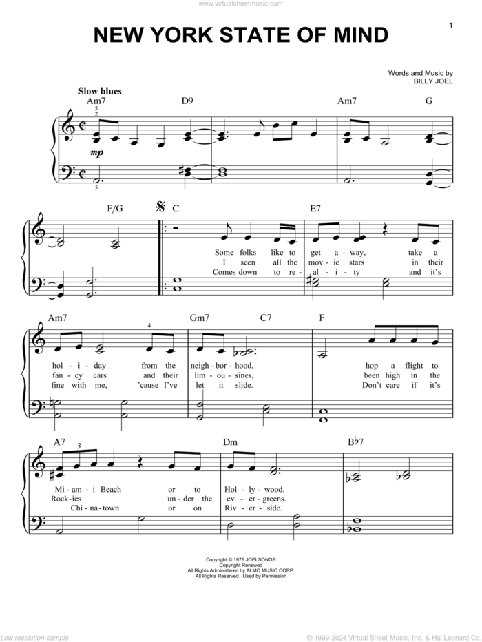 New York State Of Mind, (beginner) sheet music for piano solo by Billy Joel, beginner skill level