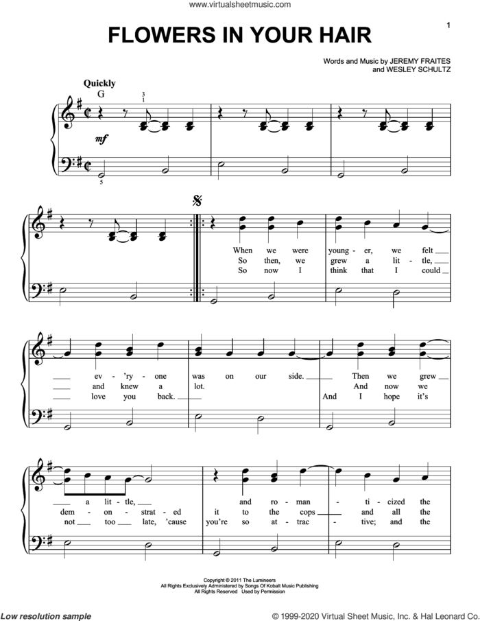 Flowers In Your Hair sheet music for piano solo by The Lumineers, Jeremy Fraites and Wesley Schultz, easy skill level
