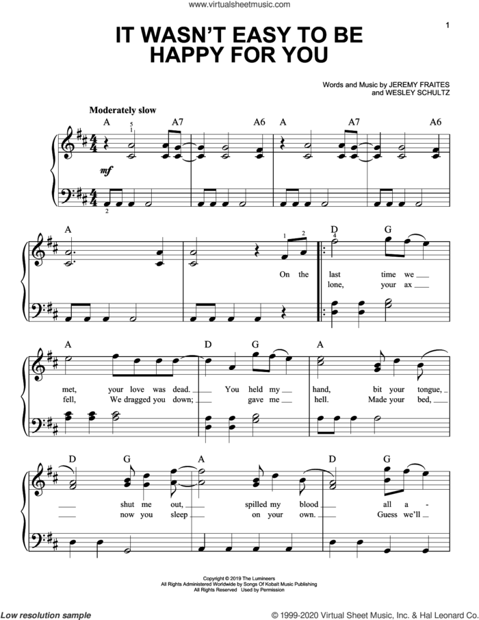 It Wasn't Easy To Be Happy For You sheet music for piano solo by The Lumineers, Jeremy Fraites and Wesley Schultz, easy skill level
