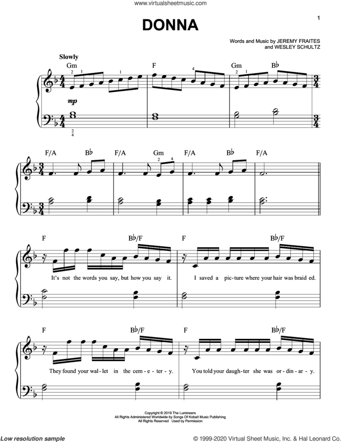 Donna sheet music for piano solo by The Lumineers, Jeremy Fraites and Wesley Schultz, easy skill level