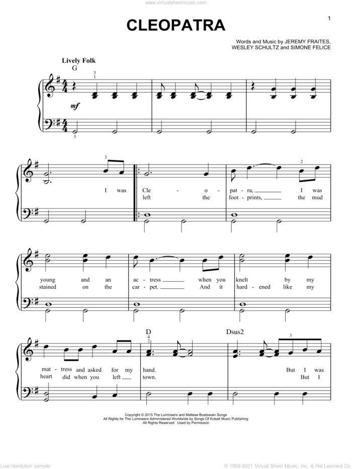 Cleopatra sheet music for piano solo by The Lumineers, Jeremy Fraites, Simone Felice and Wesley Schultz, easy skill level