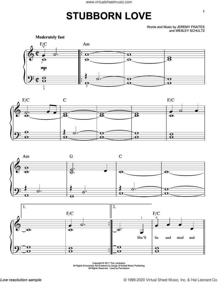 Stubborn Love sheet music for piano solo by The Lumineers, Jeremy Fraites and Wesley Schultz, easy skill level