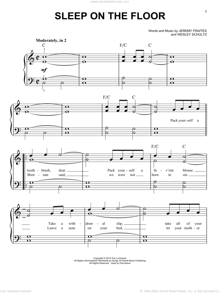 Sleep On The Floor sheet music for piano solo by The Lumineers, Jeremy Fraites and Wesley Schultz, easy skill level