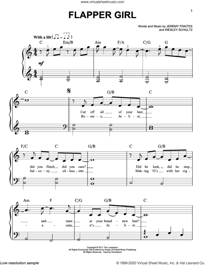 Flapper Girl sheet music for piano solo by The Lumineers, Jeremy Fraites and Wesley Schultz, easy skill level