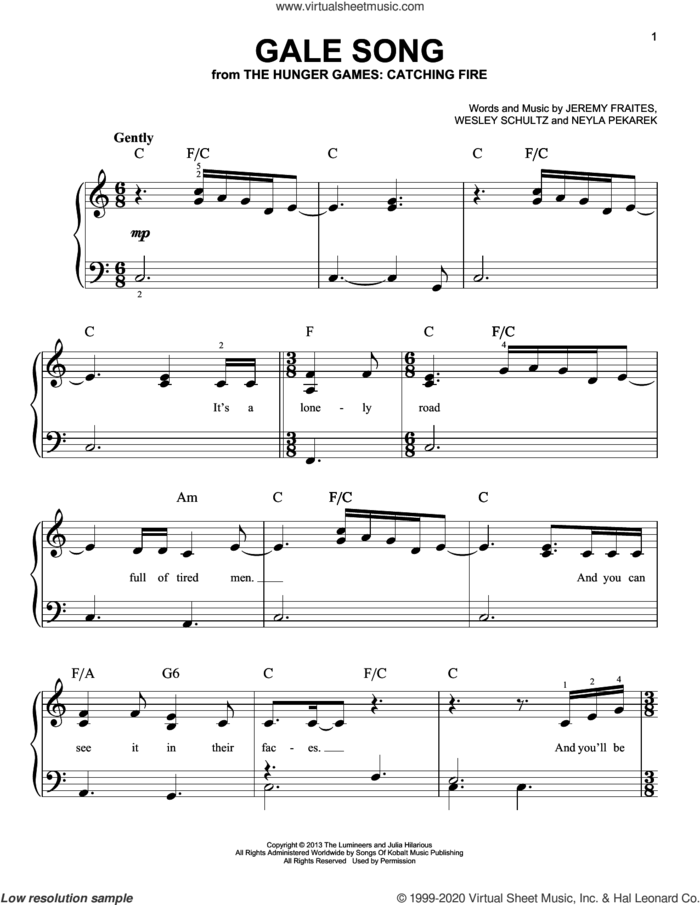 Gale Song sheet music for piano solo by The Lumineers, Jeremy Fraites, Neyla Pekarek and Wesley Schultz, easy skill level