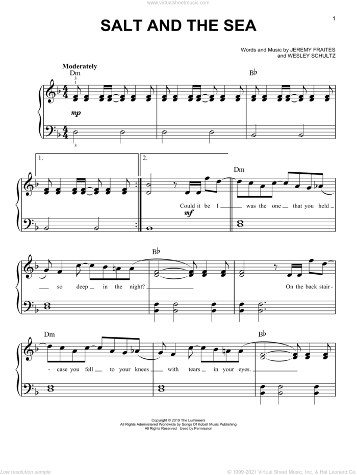 Salt And The Sea sheet music for piano solo by The Lumineers, Jeremy Fraites and Wesley Schultz, easy skill level