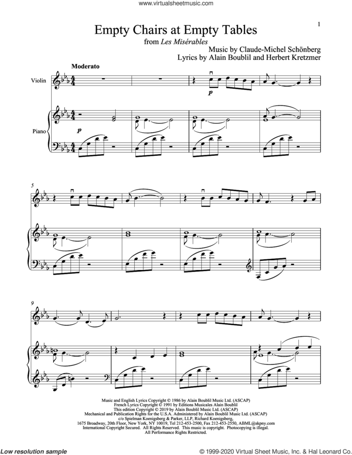 Empty Chairs At Empty Tables (from Les Miserables) sheet music for violin and piano by Alain Boublil, Boublil and Schonberg, Claude-Michel Schonberg and Herbert Kretzmer, intermediate skill level