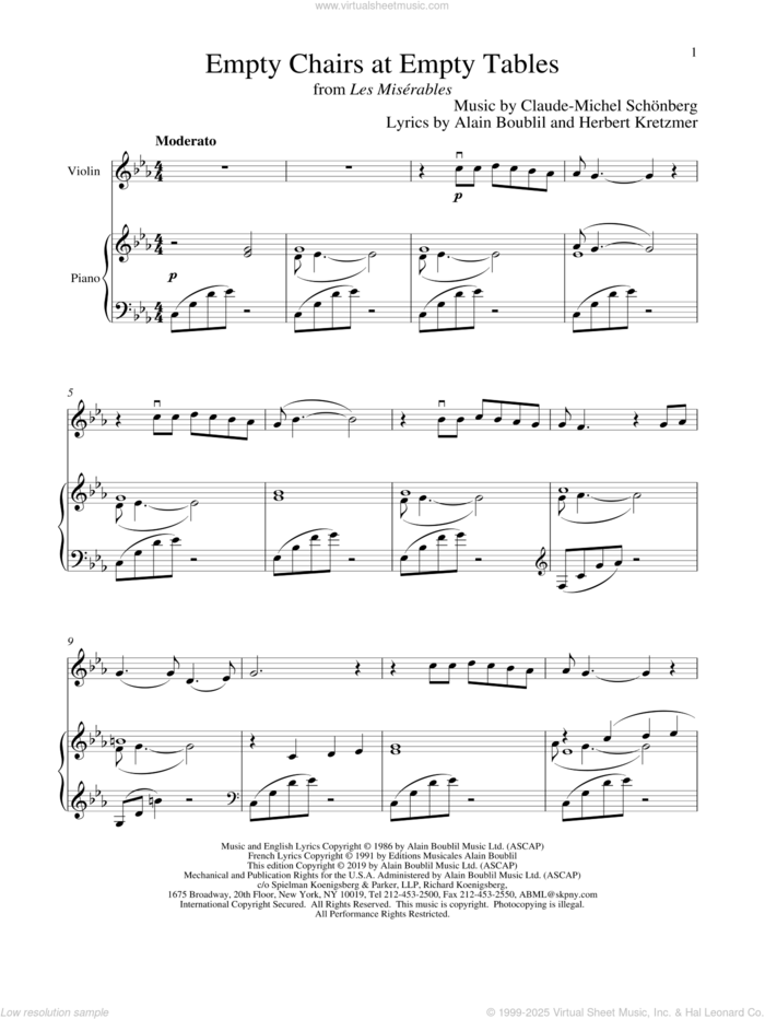 Empty Chairs At Empty Tables (from Les Miserables) sheet music for violin and piano by Alain Boublil, Boublil and Schonberg, Claude-Michel Schonberg and Herbert Kretzmer, intermediate skill level