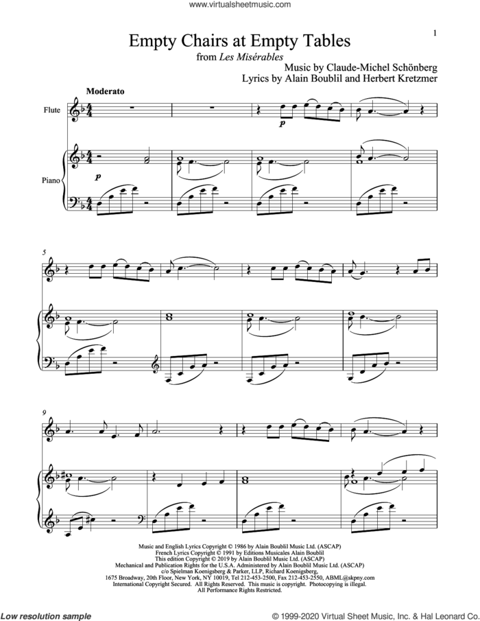 Empty Chairs At Empty Tables (from Les Miserables) sheet music for flute and piano by Alain Boublil, Boublil and Schonberg, Claude-Michel Schonberg and Herbert Kretzmer, intermediate skill level