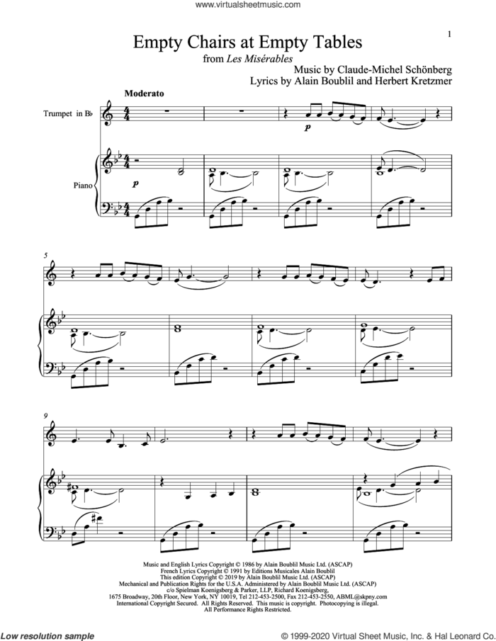 Empty Chairs At Empty Tables (from Les Miserables) sheet music for trumpet and piano by Alain Boublil, Boublil and Schonberg, Claude-Michel Schonberg and Herbert Kretzmer, intermediate skill level