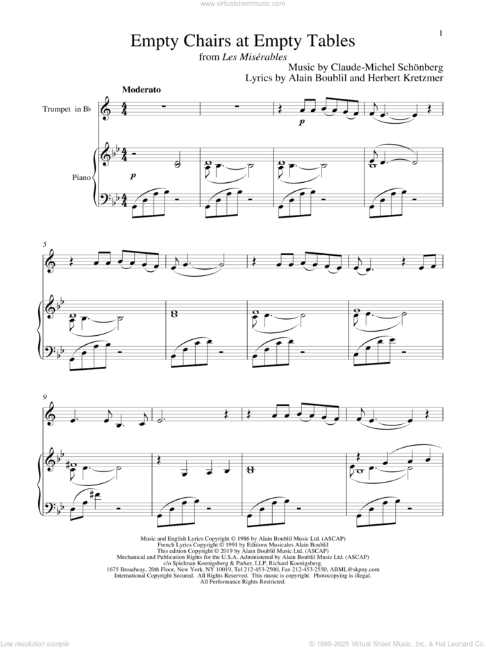 Empty Chairs At Empty Tables (from Les Miserables) sheet music for trumpet and piano by Alain Boublil, Boublil and Schonberg, Claude-Michel Schonberg and Herbert Kretzmer, intermediate skill level