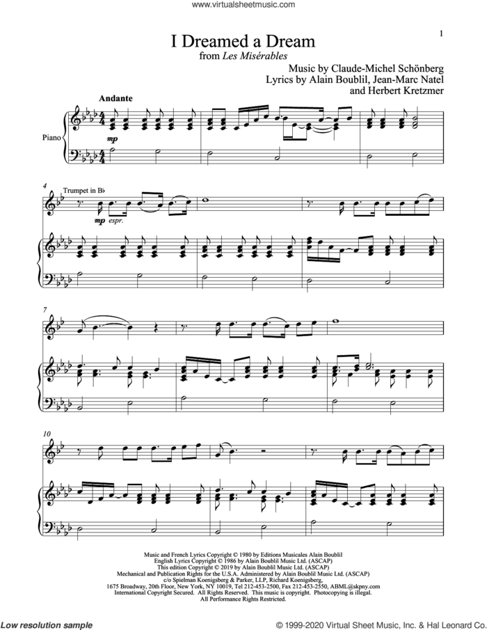 I Dreamed A Dream (from Les Miserables) sheet music for trumpet and piano by Alain Boublil, Boublil and Schonberg, Claude-Michel Schonberg, Herbert Kretzmer and Jean-Marc Natel, intermediate skill level