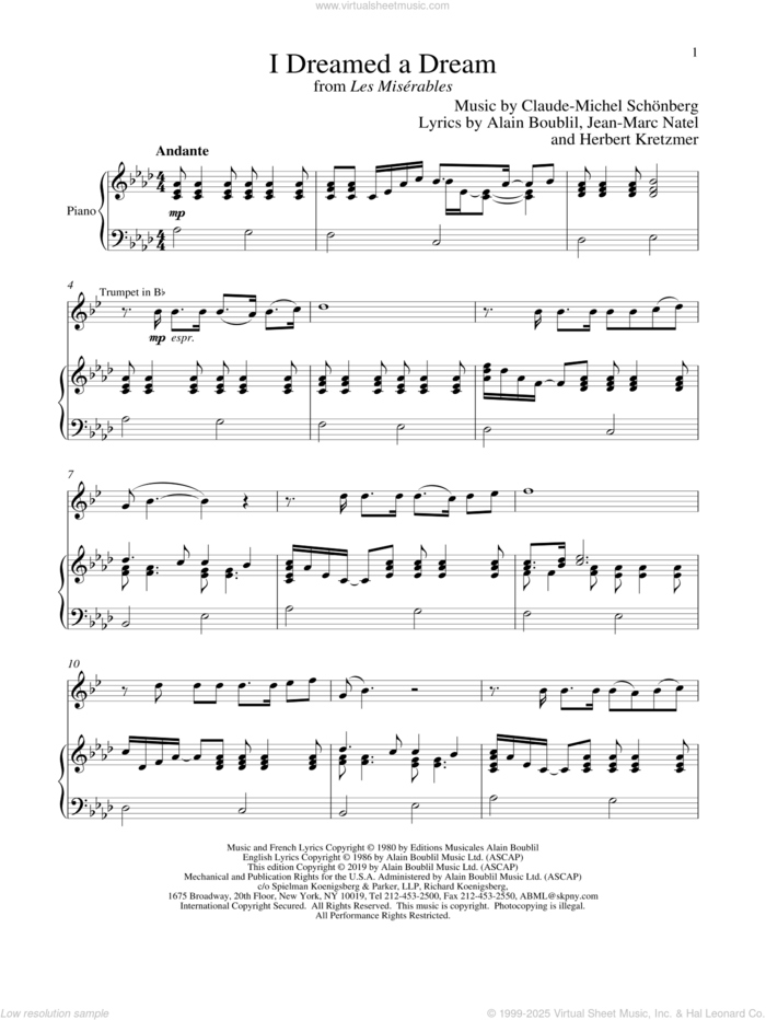 I Dreamed A Dream (from Les Miserables) sheet music for trumpet and piano by Alain Boublil, Boublil and Schonberg, Claude-Michel Schonberg, Herbert Kretzmer and Jean-Marc Natel, intermediate skill level