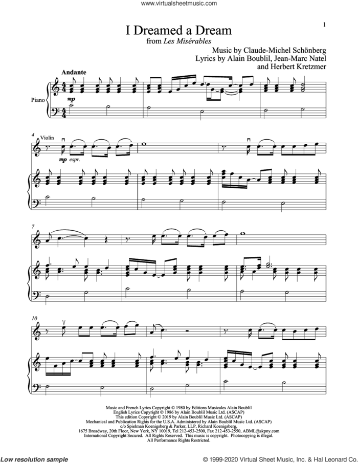 I Dreamed A Dream (from Les Miserables) sheet music for violin and piano by Alain Boublil, Boublil and Schonberg, Claude-Michel Schonberg, Herbert Kretzmer and Jean-Marc Natel, intermediate skill level