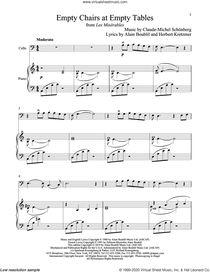 Empty Chairs At Empty Tables (from Les Miserables) sheet music for cello and piano by Alain Boublil, Boublil and Schonberg, Claude-Michel Schonberg and Herbert Kretzmer, intermediate skill level