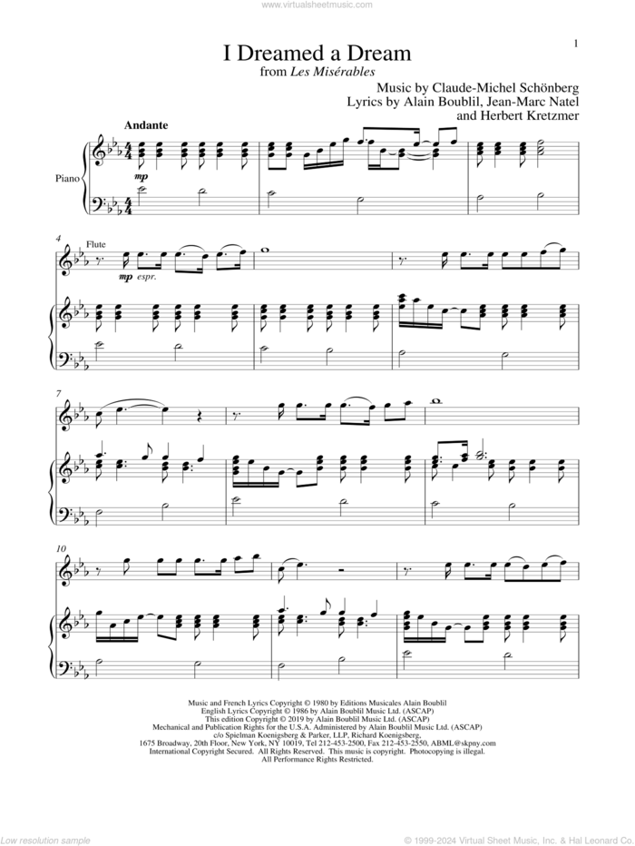 I Dreamed A Dream (from Les Miserables) sheet music for flute and piano by Alain Boublil, Boublil and Schonberg, Claude-Michel Schonberg, Herbert Kretzmer and Jean-Marc Natel, intermediate skill level