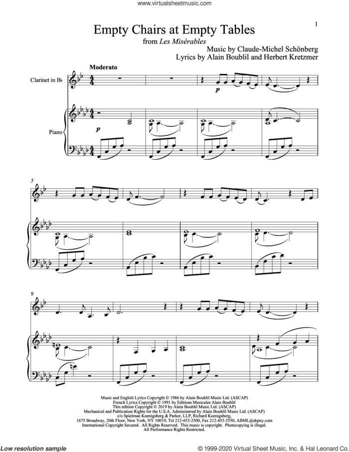 Empty Chairs At Empty Tables (from Les Miserables) sheet music for clarinet and piano by Alain Boublil, Boublil and Schonberg, Claude-Michel Schonberg and Herbert Kretzmer, intermediate skill level