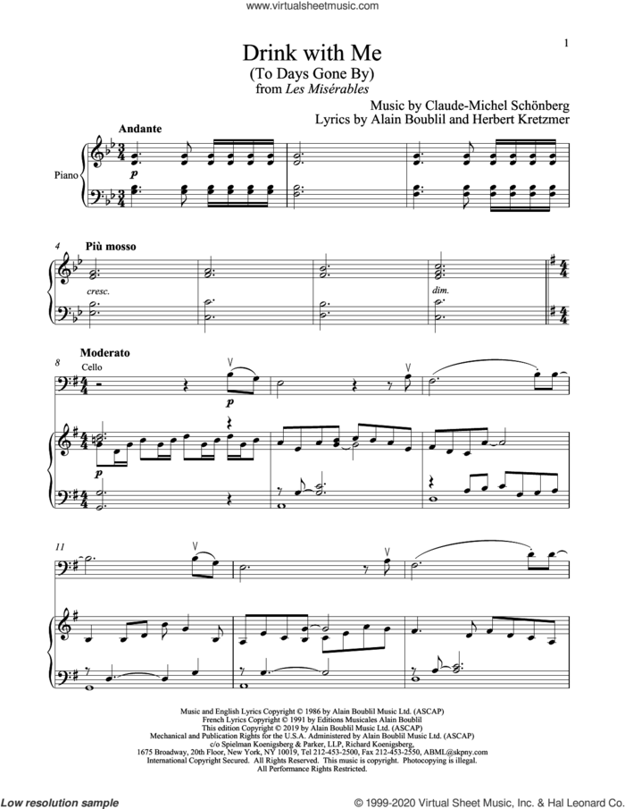 Drink With Me (To Days Gone By) (from Les Miserables) sheet music for cello and piano by Alain Boublil, Boublil and Schonberg, Claude-Michel Schonberg and Herbert Kretzmer, intermediate skill level