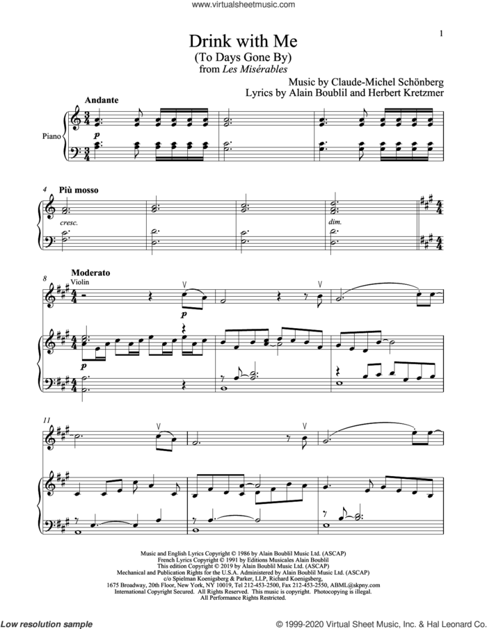 Drink With Me (To Days Gone By) (from Les Miserables) sheet music for violin and piano by Alain Boublil, Boublil and Schonberg, Claude-Michel Schonberg and Herbert Kretzmer, intermediate skill level