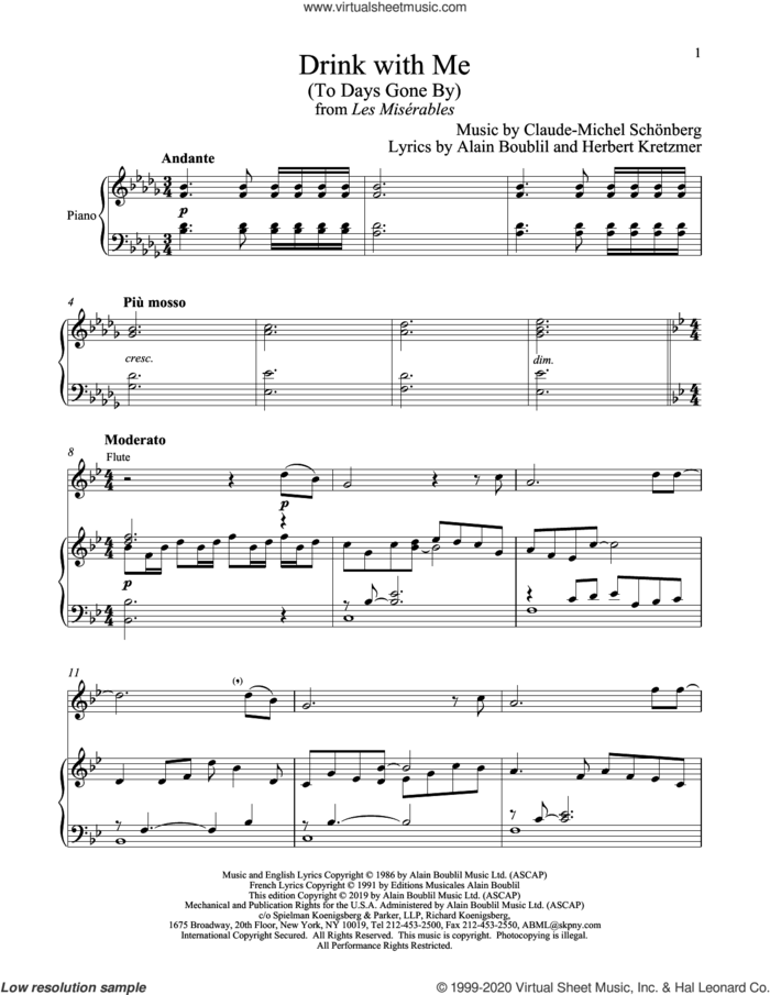Drink With Me (To Days Gone By) (from Les Miserables) sheet music for flute and piano by Alain Boublil, Boublil and Schonberg, Claude-Michel Schonberg and Herbert Kretzmer, intermediate skill level
