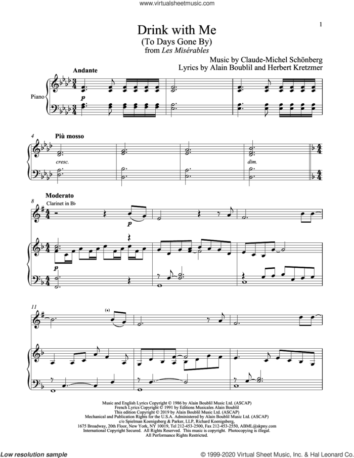 Drink With Me (To Days Gone By) (from Les Miserables) sheet music for clarinet and piano by Alain Boublil, Boublil and Schonberg, Claude-Michel Schonberg and Herbert Kretzmer, intermediate skill level