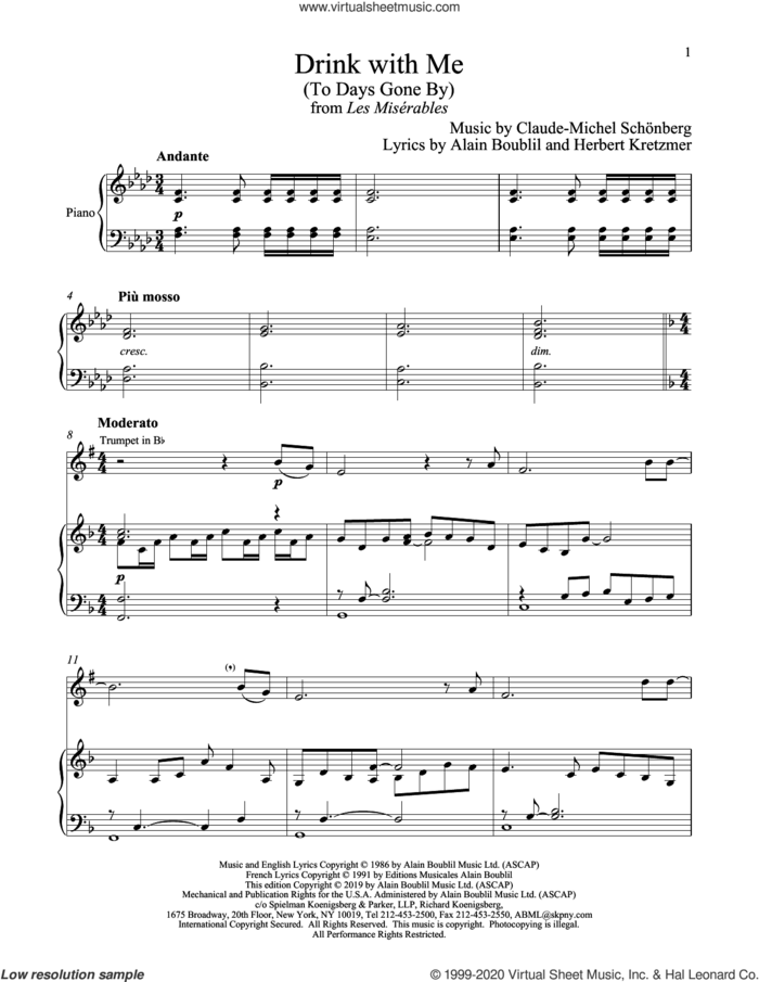 Drink With Me (To Days Gone By) (from Les Miserables) sheet music for trumpet and piano by Alain Boublil, Boublil and Schonberg, Claude-Michel Schonberg and Herbert Kretzmer, intermediate skill level