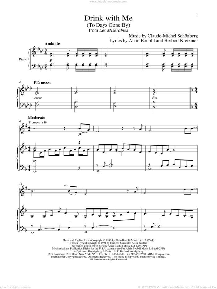 Drink With Me (To Days Gone By) (from Les Miserables) sheet music for trumpet and piano by Alain Boublil, Boublil and Schonberg, Claude-Michel Schonberg and Herbert Kretzmer, intermediate skill level