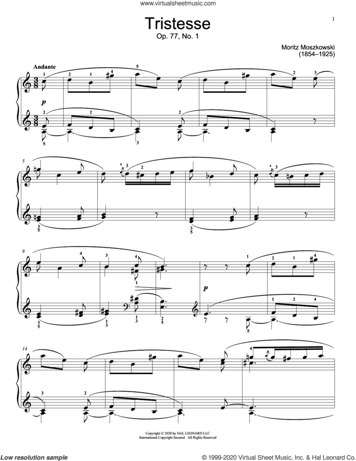 Tristesse, Op. 77, No. 1 sheet music for piano solo (elementary) by Moritz Moszkowski and Jennifer Linn, classical score, beginner piano (elementary)