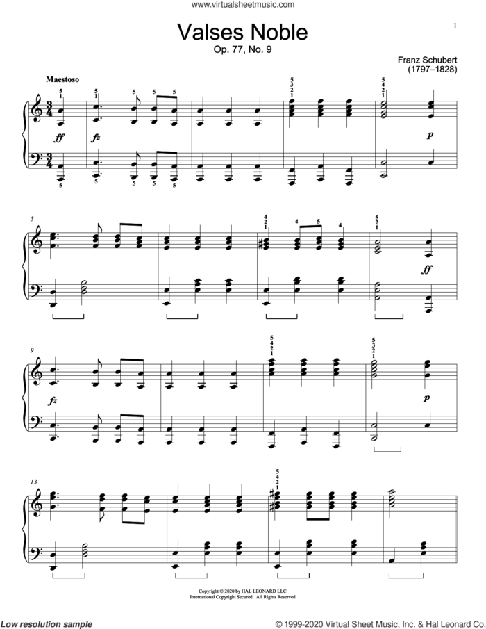 Valses Noble, Op. 77, No. 9 sheet music for piano solo (elementary) by Franz Schubert and Jennifer Linn, classical score, beginner piano (elementary)