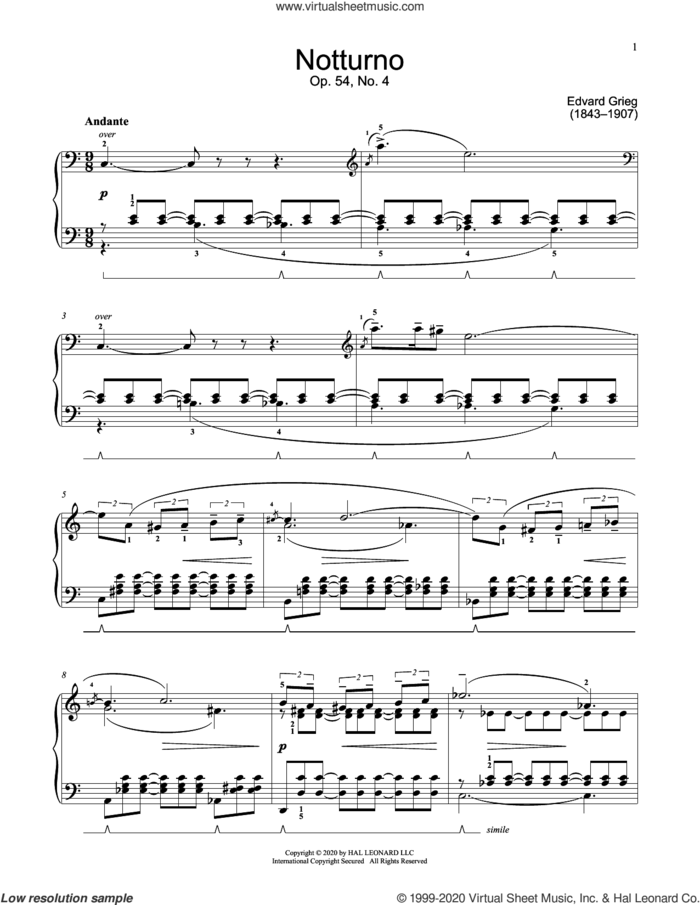 Notturno, Op. 54, No. 4 sheet music for piano solo (elementary) by Edvard Grieg and Jennifer Linn, classical score, beginner piano (elementary)