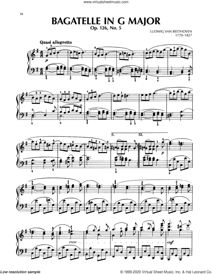 Bagatelle In G Major, Op. 126, No. 5 sheet music for piano solo by Ludwig van Beethoven, classical score, intermediate skill level