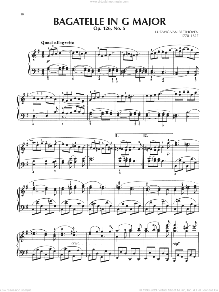 Bagatelle In G Major, Op. 126, No. 5 sheet music for piano solo by Ludwig van Beethoven, classical score, intermediate skill level