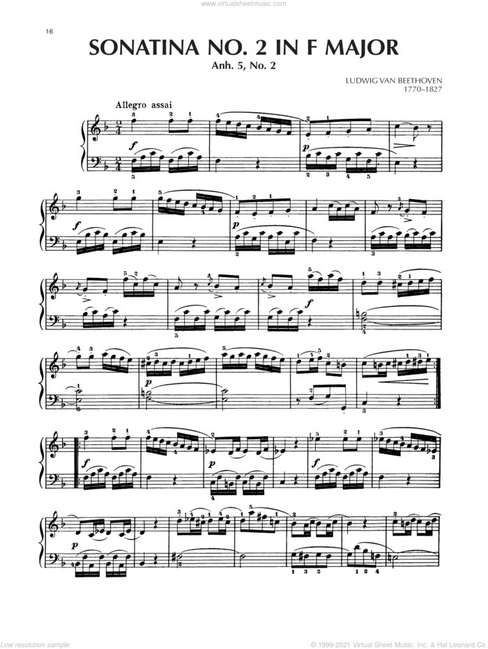 Sonatina In F Major, Anh. 5, No. 2 sheet music for piano solo by Ludwig van Beethoven, classical score, intermediate skill level