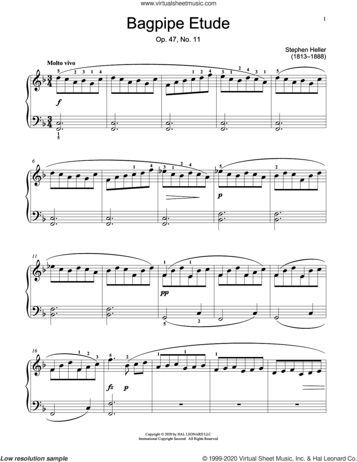 Bagpipe Etude, Op. 47, No. 11 sheet music for piano solo (elementary) by Stephen Heller and Jennifer Linn, classical score, beginner piano (elementary)