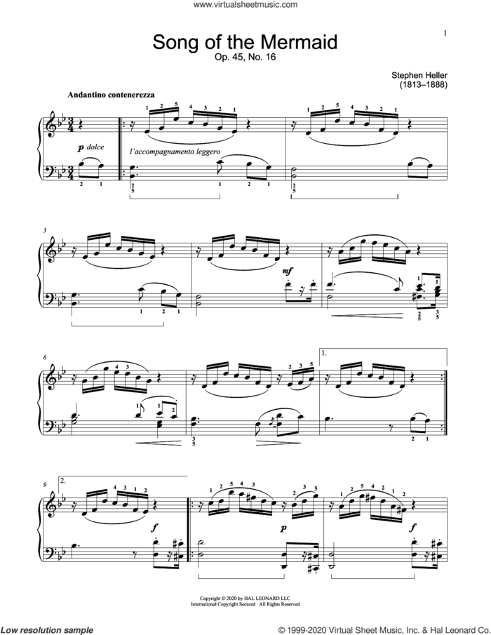 Song Of The Mermaid, Op. 45, No. 1 sheet music for piano solo (elementary) by Stephen Heller and Jennifer Linn, classical score, beginner piano (elementary)