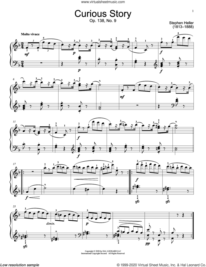 Curious Story, Op. 138, No. 9 sheet music for piano solo (elementary) by Stephen Heller and Jennifer Linn, classical score, beginner piano (elementary)