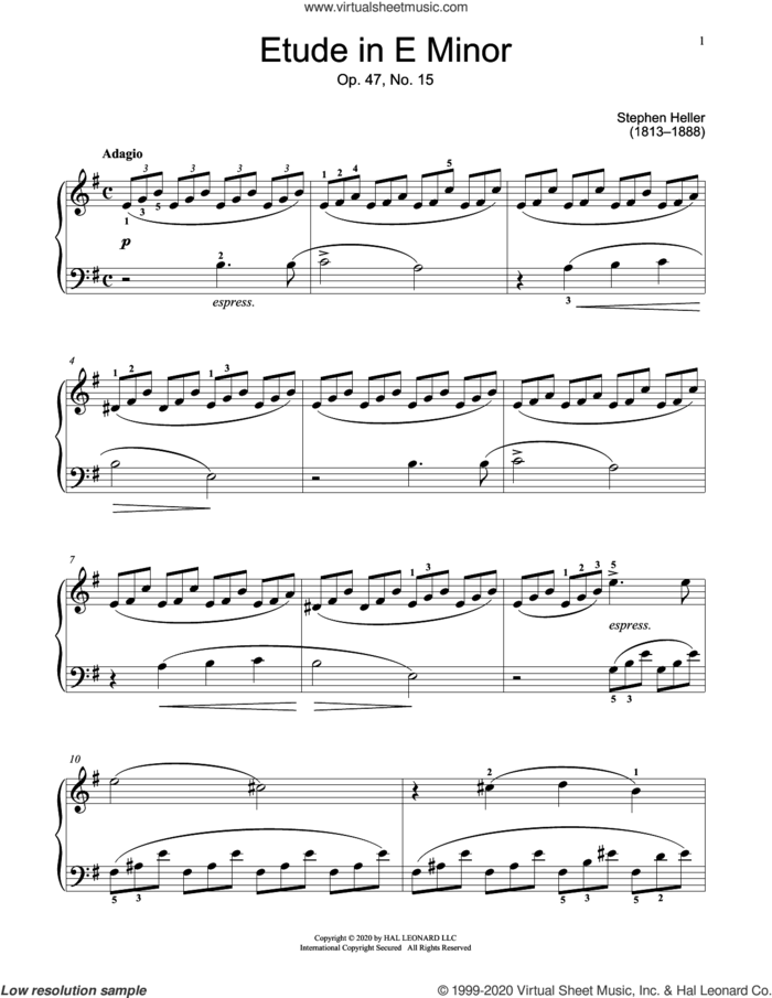 Etude In E Minor, Op. 47, No. 15 sheet music for piano solo (elementary) by Stephen Heller and Jennifer Linn, classical score, beginner piano (elementary)