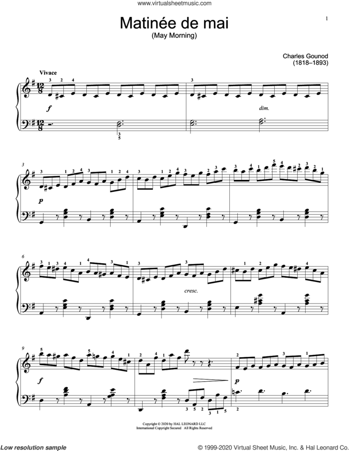 Matinee de mai sheet music for piano solo (elementary) by Charles Gounod and Jennifer Linn, classical score, beginner piano (elementary)