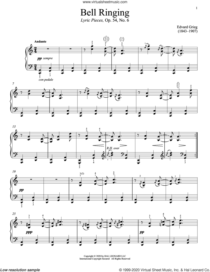 Bell Ringing, Op. 54, No. 6 sheet music for piano solo by Edvard Grieg and Immanuela Gruenberg, classical score, intermediate skill level