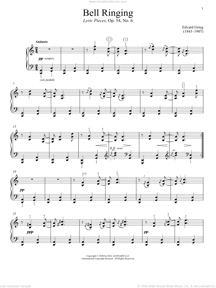 Bell Ringing, Op. 54, No. 6 sheet music for piano solo by Edvard Grieg and Immanuela Gruenberg, classical score, intermediate skill level