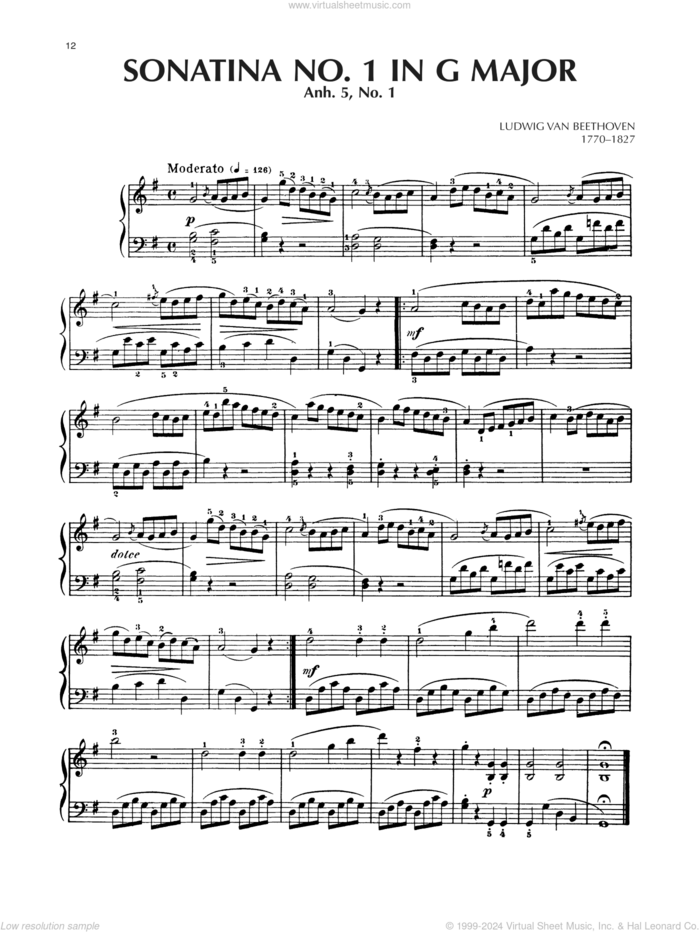 Sonatina In G Major, Anh. 5, No. 1 sheet music for piano solo by Ludwig van Beethoven, classical score, intermediate skill level