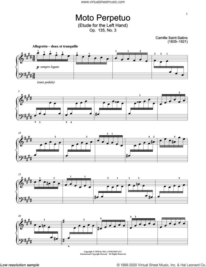Moto Perpetuo, Op. 135, No. 3 sheet music for piano solo (elementary) by Camille Saint-Saens and Jennifer Linn, classical score, beginner piano (elementary)