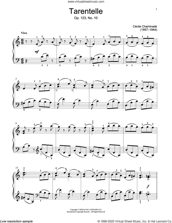Tarentelle, Op. 123, No. 10 sheet music for piano solo (elementary) by Cecile Chaminade and Jennifer Linn, classical score, beginner piano (elementary)