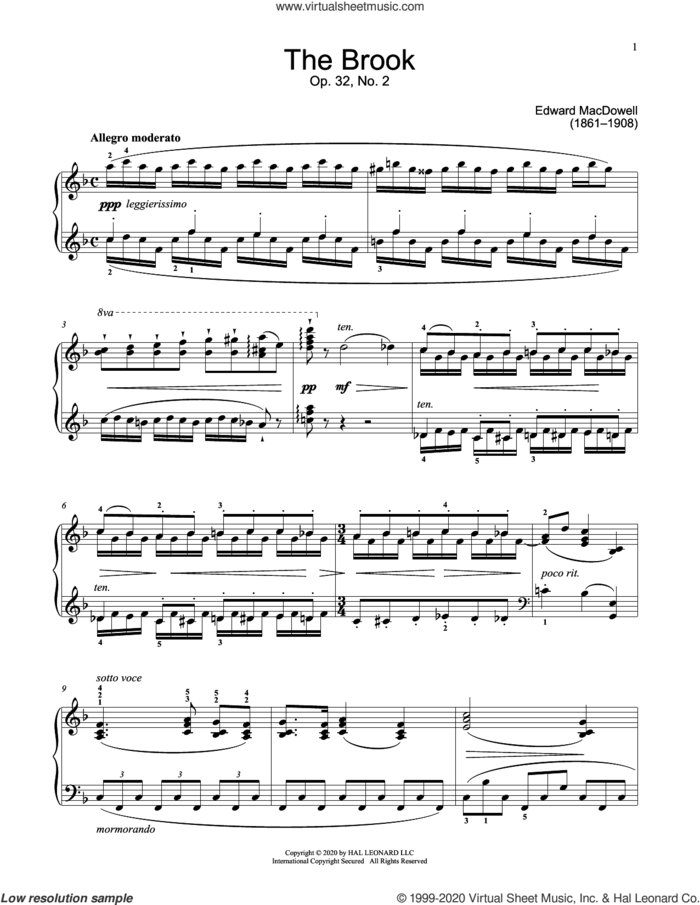 The Brook, Op. 32, No. 2 sheet music for piano solo (elementary) by Edward MacDowell and Jennifer Linn, classical score, beginner piano (elementary)