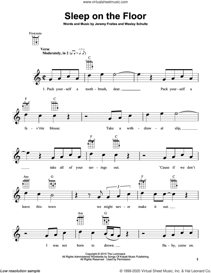 Sleep On The Floor sheet music for ukulele by The Lumineers, Jeremy Fraites and Wesley Schultz, intermediate skill level