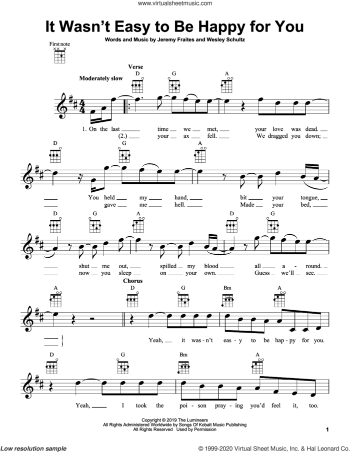 It Wasn't Easy To Be Happy For You sheet music for ukulele by The Lumineers, Jeremy Fraites and Wesley Schultz, intermediate skill level