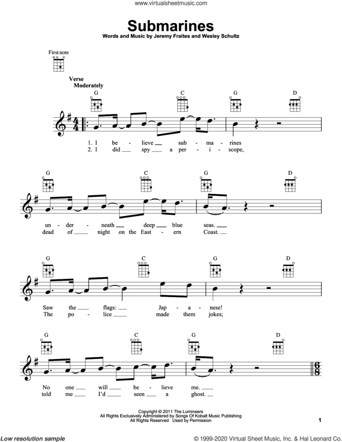 Submarines sheet music for ukulele by The Lumineers, Jeremy Fraites and Wesley Schultz, intermediate skill level
