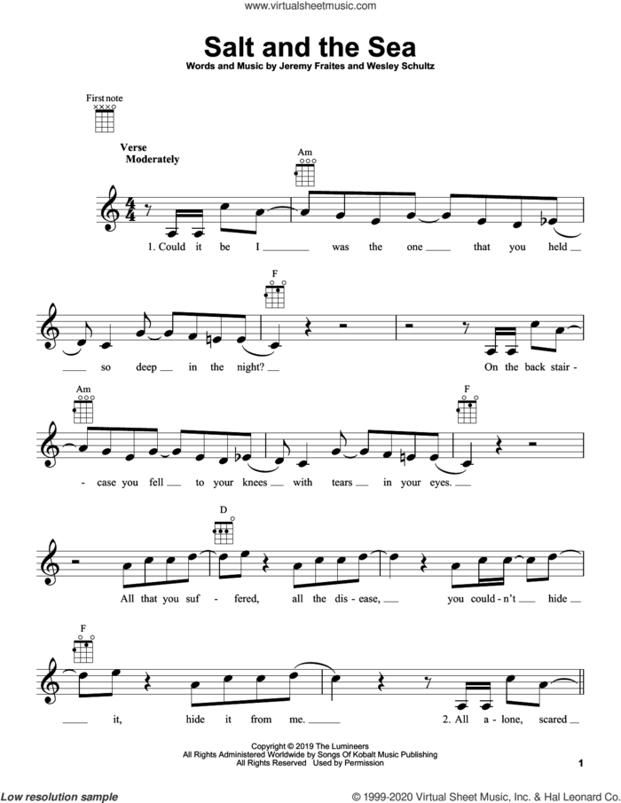 Salt And The Sea sheet music for ukulele by The Lumineers, Jeremy Fraites and Wesley Schultz, intermediate skill level