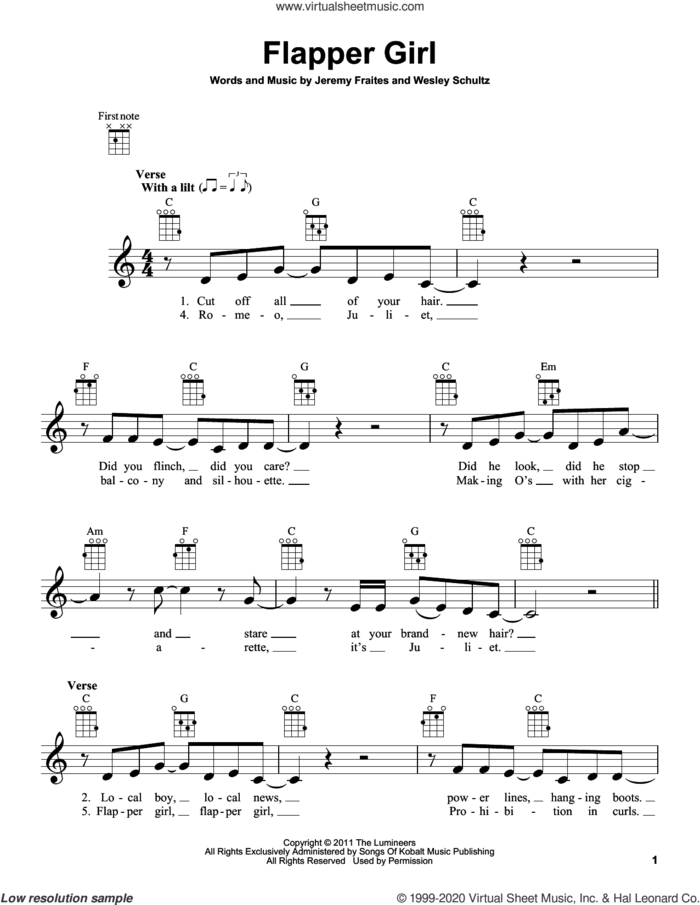 Flapper Girl sheet music for ukulele by The Lumineers, Jeremy Fraites and Wesley Schultz, intermediate skill level